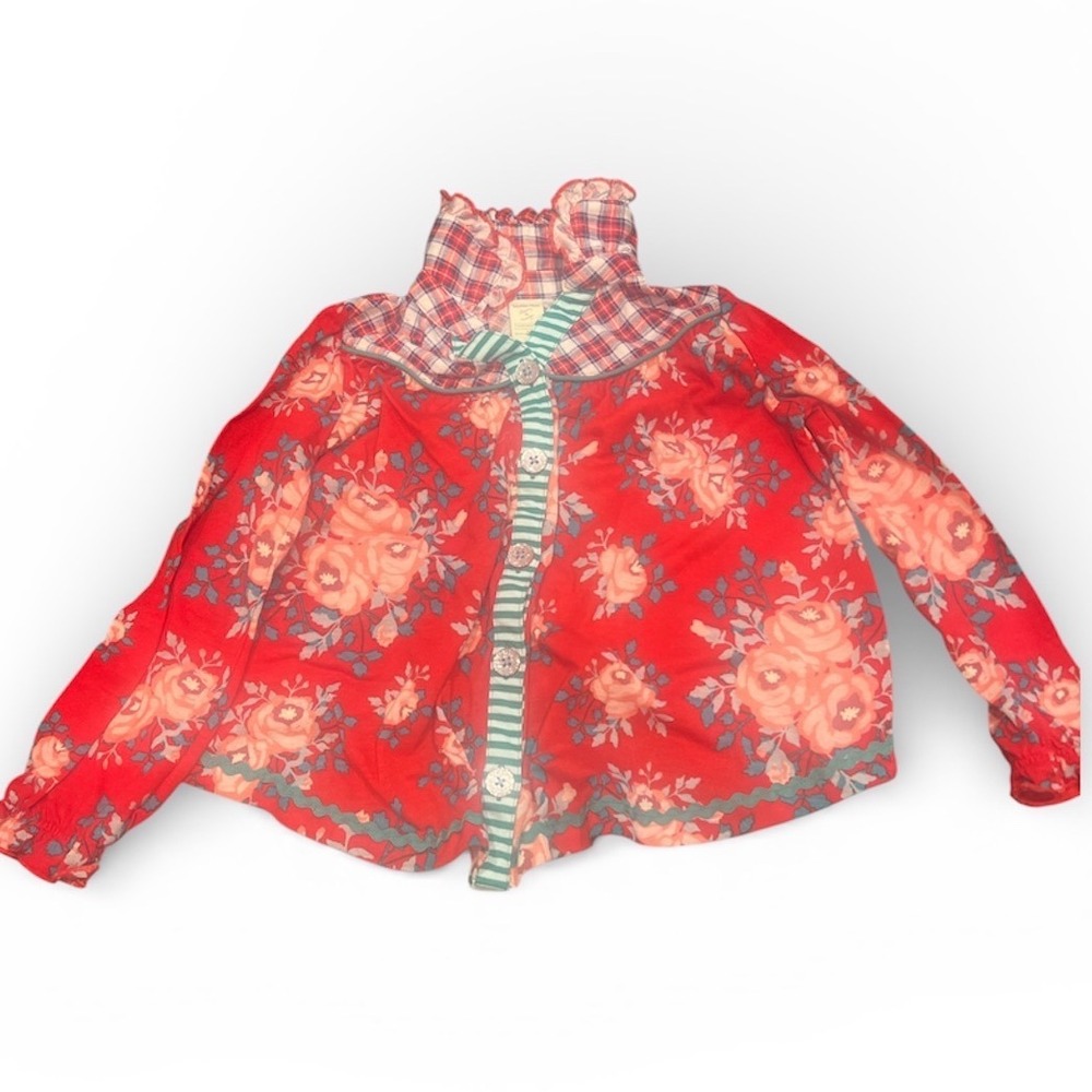 Matilda Jane Girls Red Floral Plaid Pajama Top Only‎ Size 6 Long Sleeve Buttons